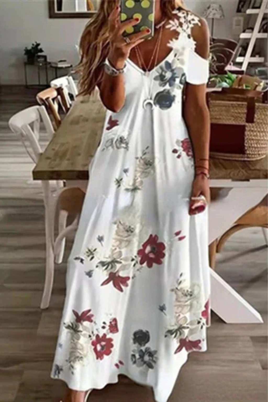 Women's white black floral cold shoulder v-neck maxi summer dress