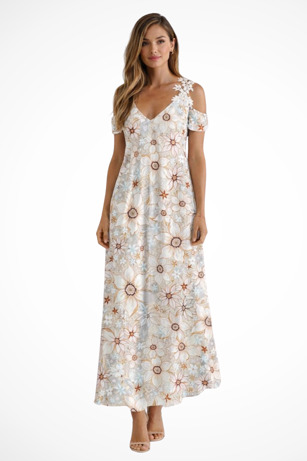 Women's white black floral cold shoulder v-neck maxi summer dress