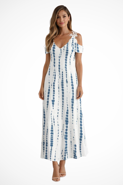 Women's white black floral cold shoulder v-neck maxi summer dress