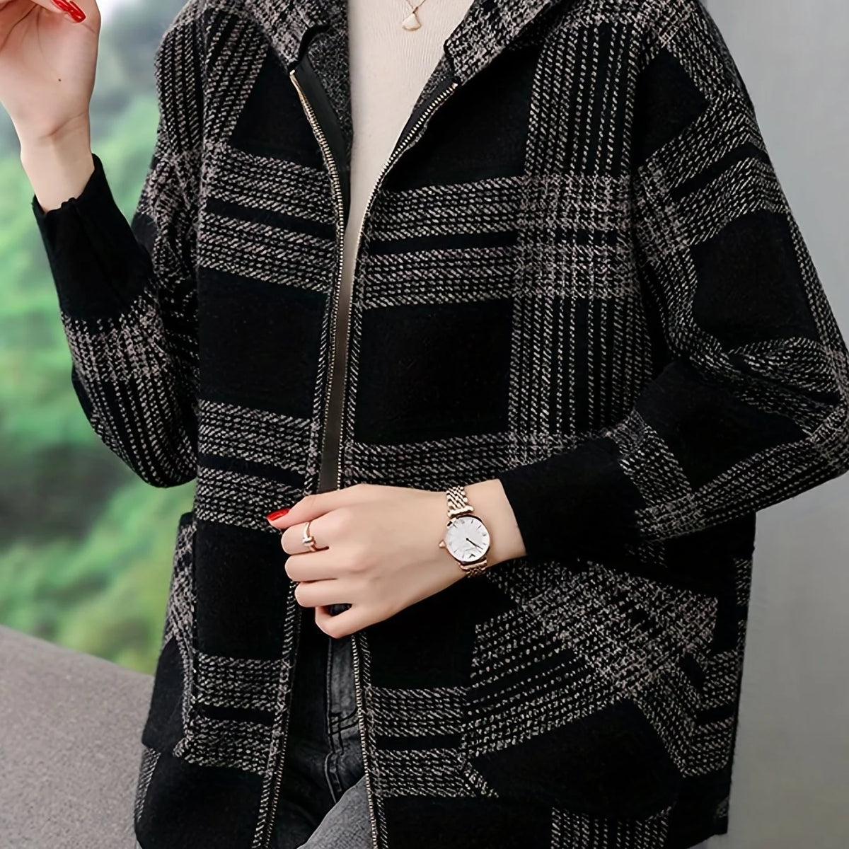 Women's Hooded Checked Jacket, Zip-Up Winter Outerwear