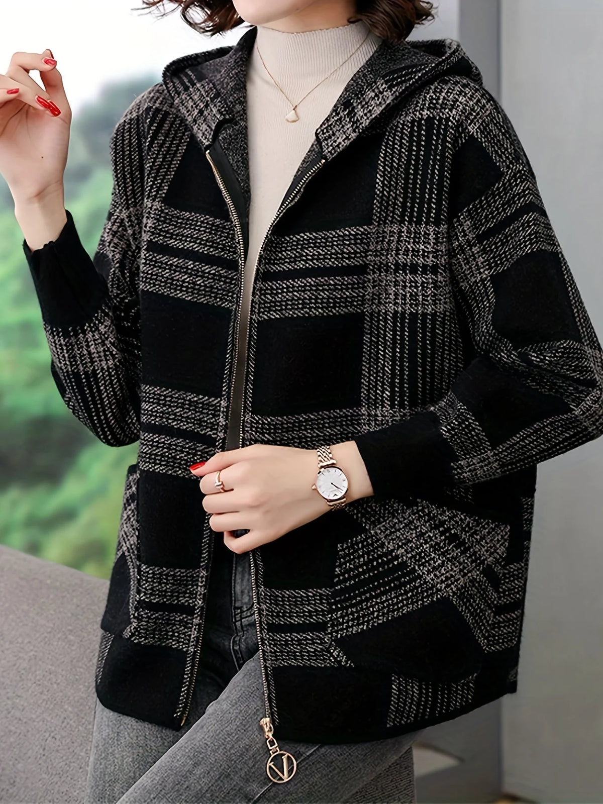 Women's Hooded Checked Jacket, Zip-Up Winter Outerwear