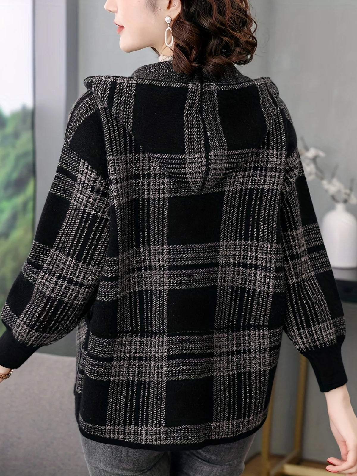 Women's Hooded Checked Jacket, Zip-Up Winter Outerwear