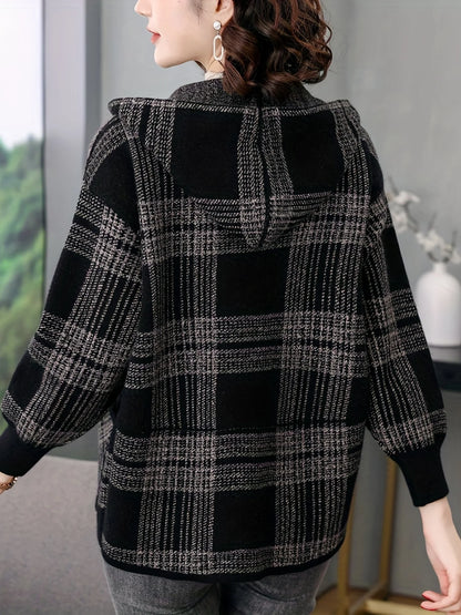 Women's Hooded Checked Jacket, Zip-Up Winter Outerwear