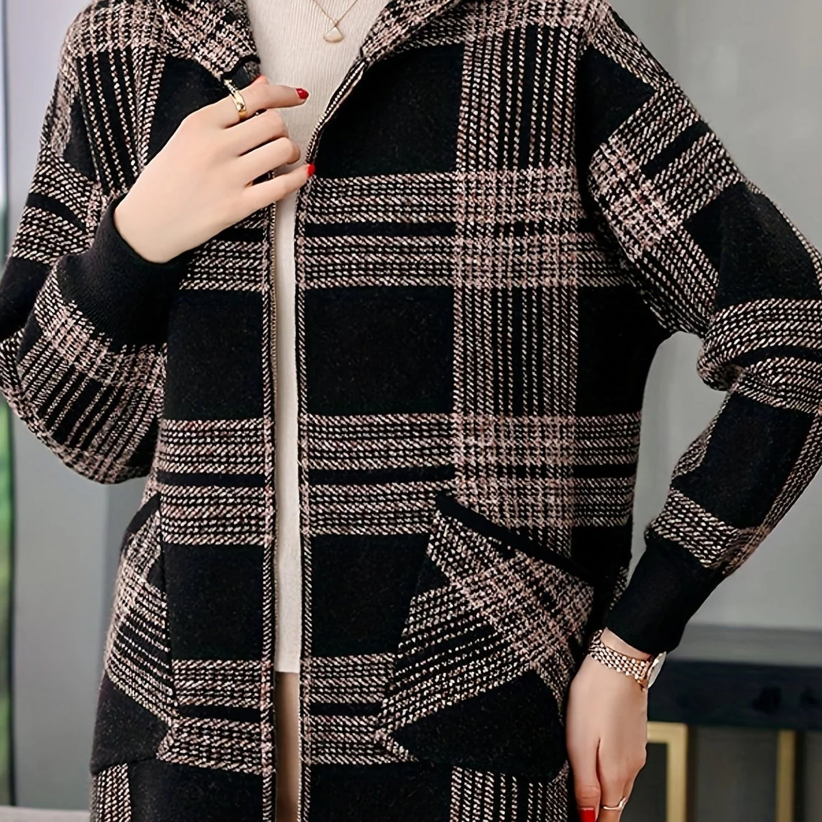 Women's Hooded Checked Jacket, Zip-Up Winter Outerwear