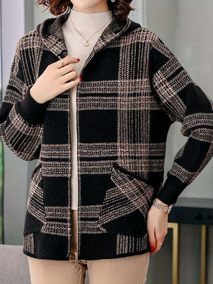 Women's Hooded Checked Jacket, Zip-Up Winter Outerwear