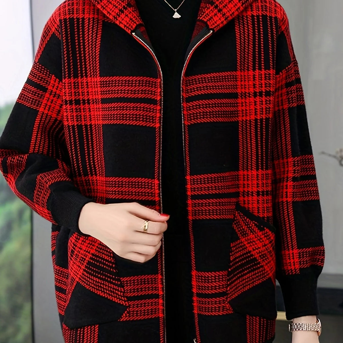 Women's Hooded Checked Jacket, Zip-Up Winter Outerwear