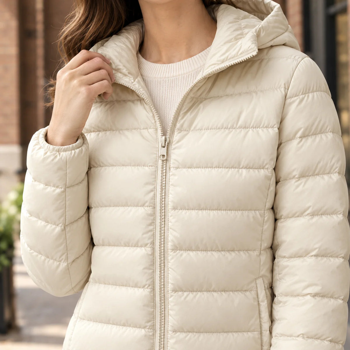 Women's purple cashmere jacket with fixed padded hood