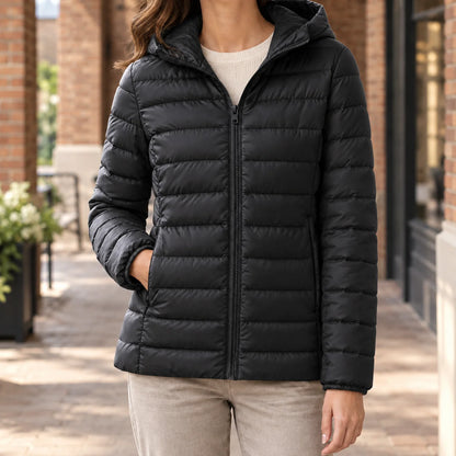 Women's green hooded cashmere jacket, slim hip-length cut