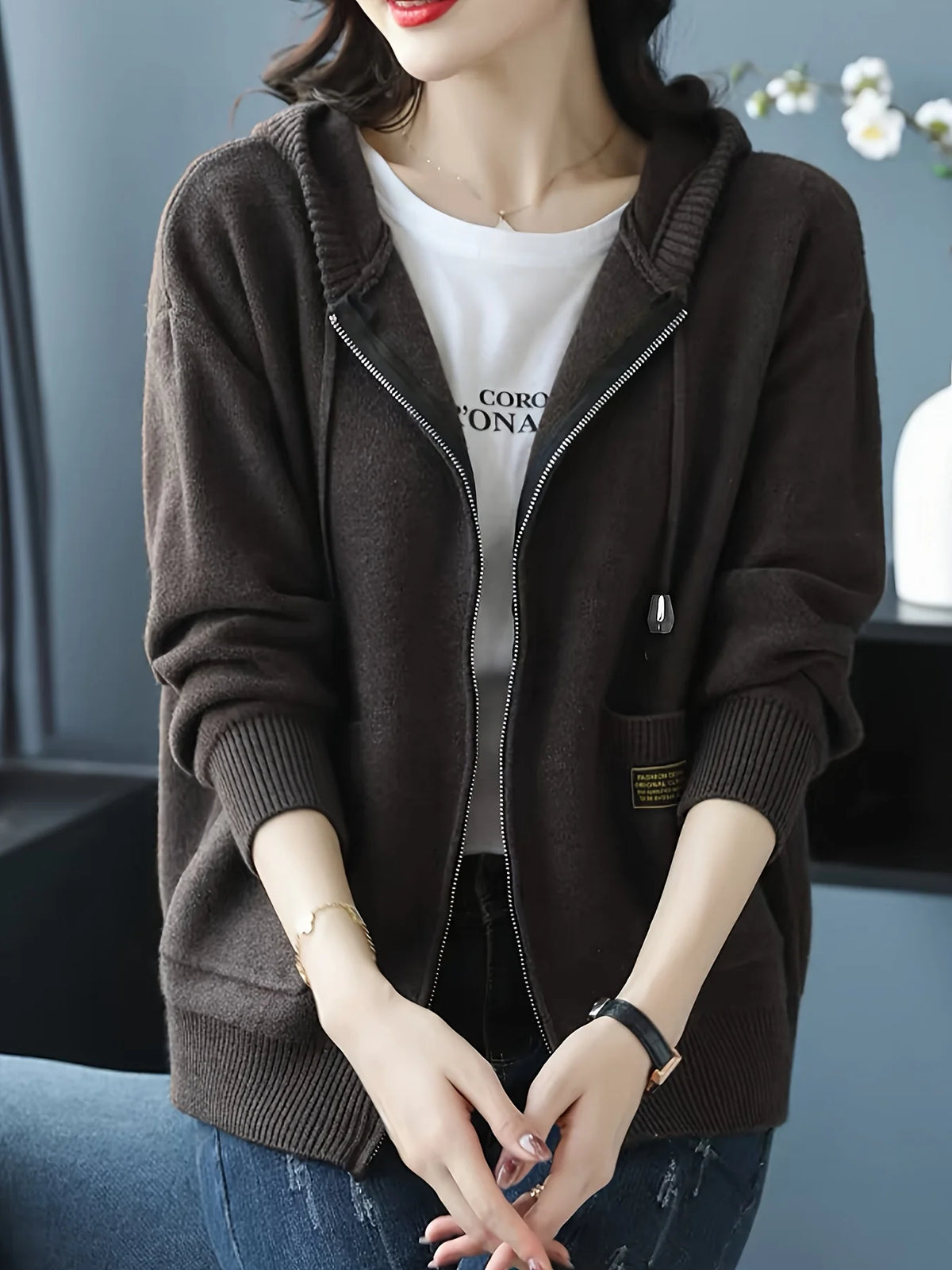 Women's Hooded Zip Cardigan, Winter Knit Layer