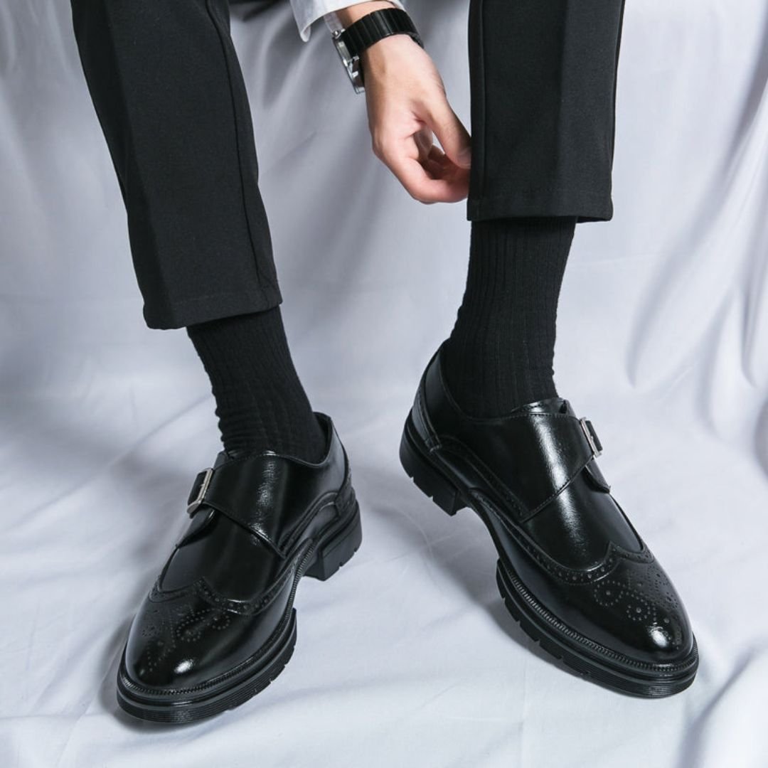 Men's black wingtip brogue monk strap dress shoes