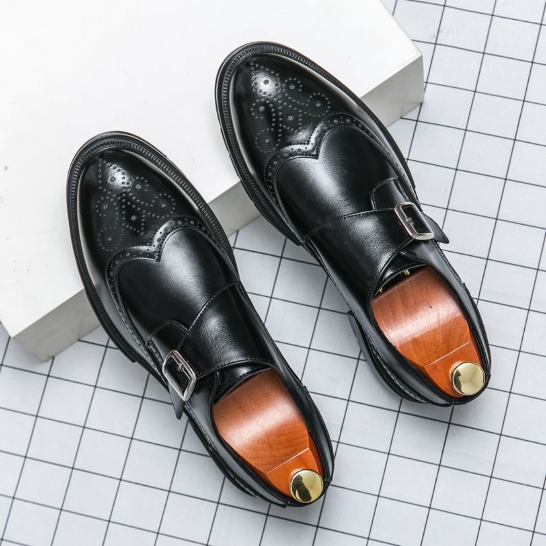 Men's black wingtip brogue monk strap dress shoes