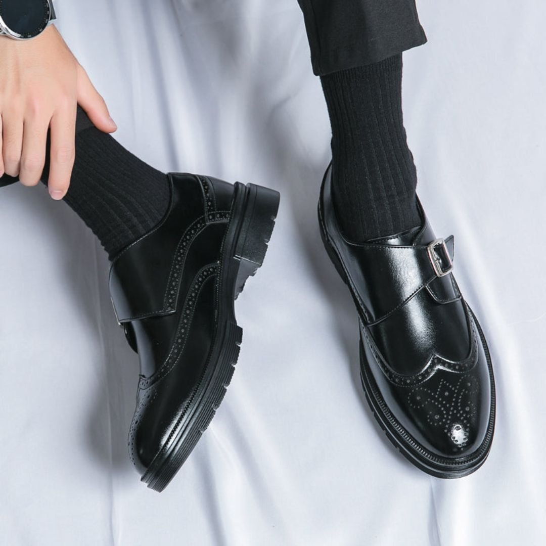 Men's black wingtip brogue monk strap dress shoes