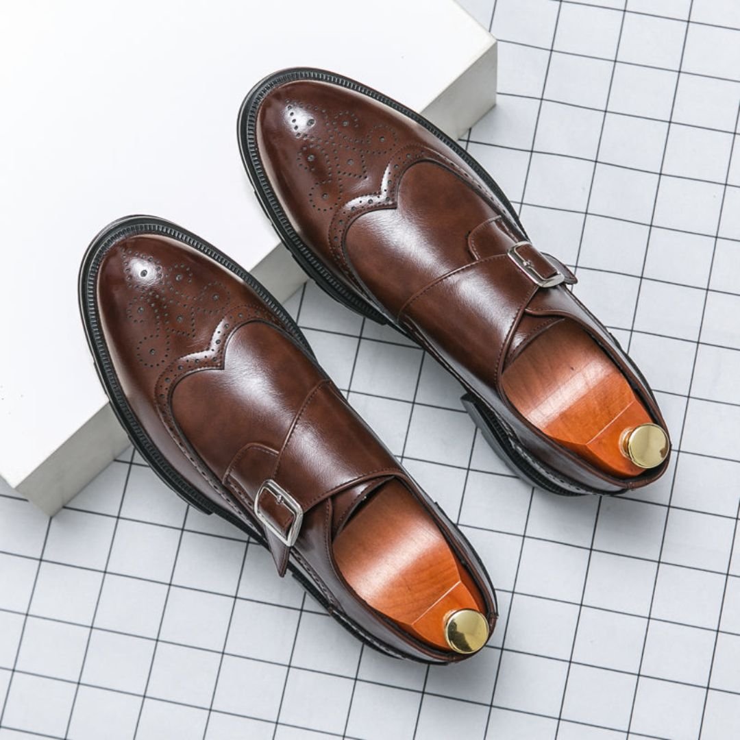 Men's black wingtip brogue monk strap dress shoes