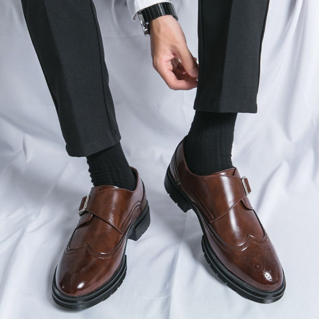 Men's black wingtip brogue monk strap dress shoes