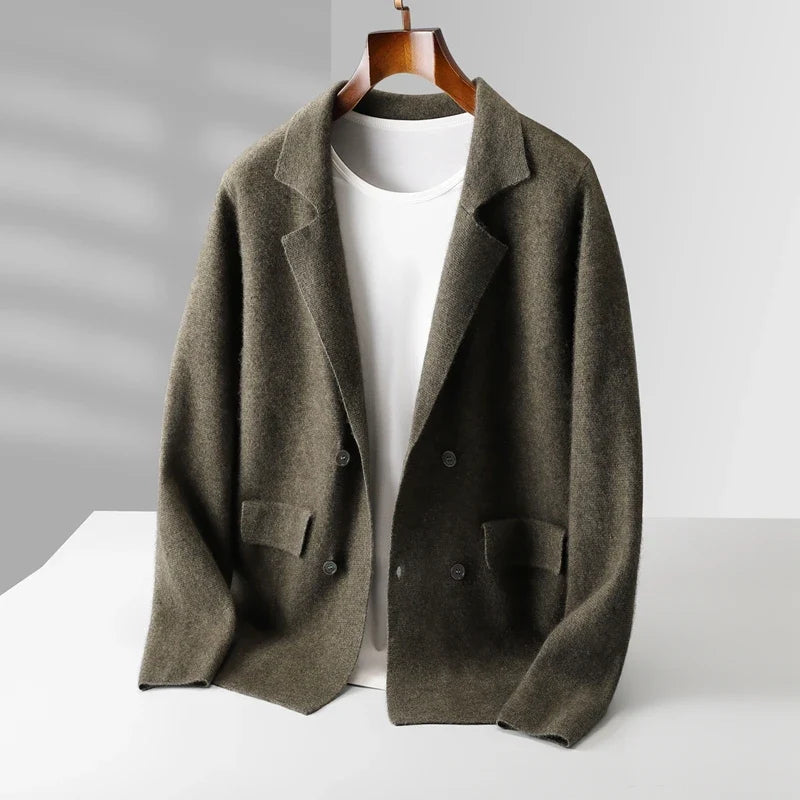 Men's army green double-breasted cashmere blazer