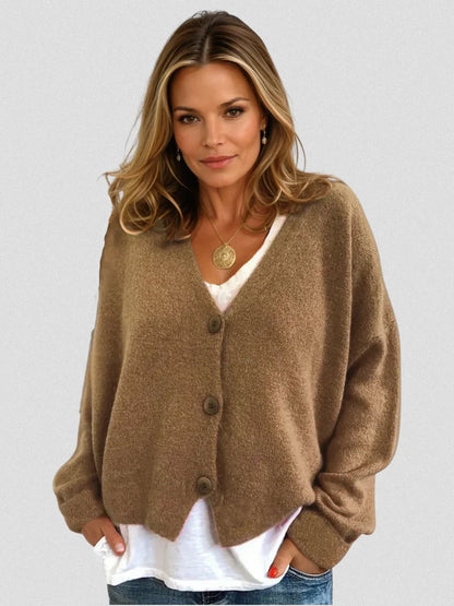 Women's caramel V-neck cardigan with button front