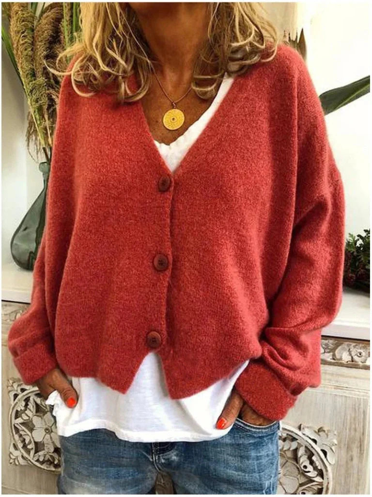 Women's terracotta V-neck cardigan with button front