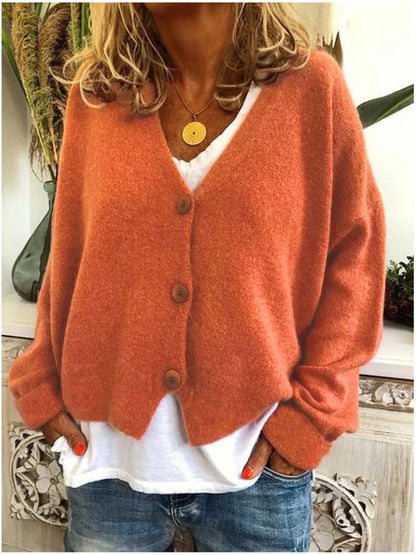 Women's orange V-neck cardigan with button front