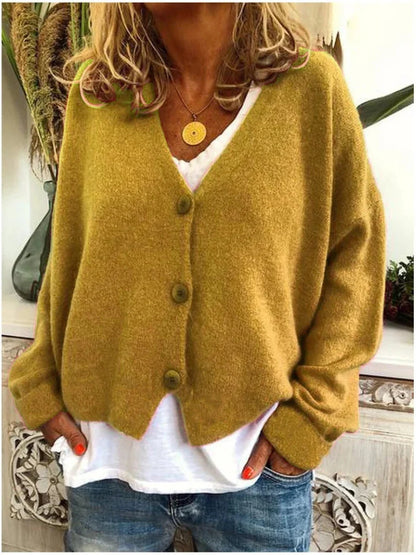 Women's mustard yellow V-neck cardigan with button front