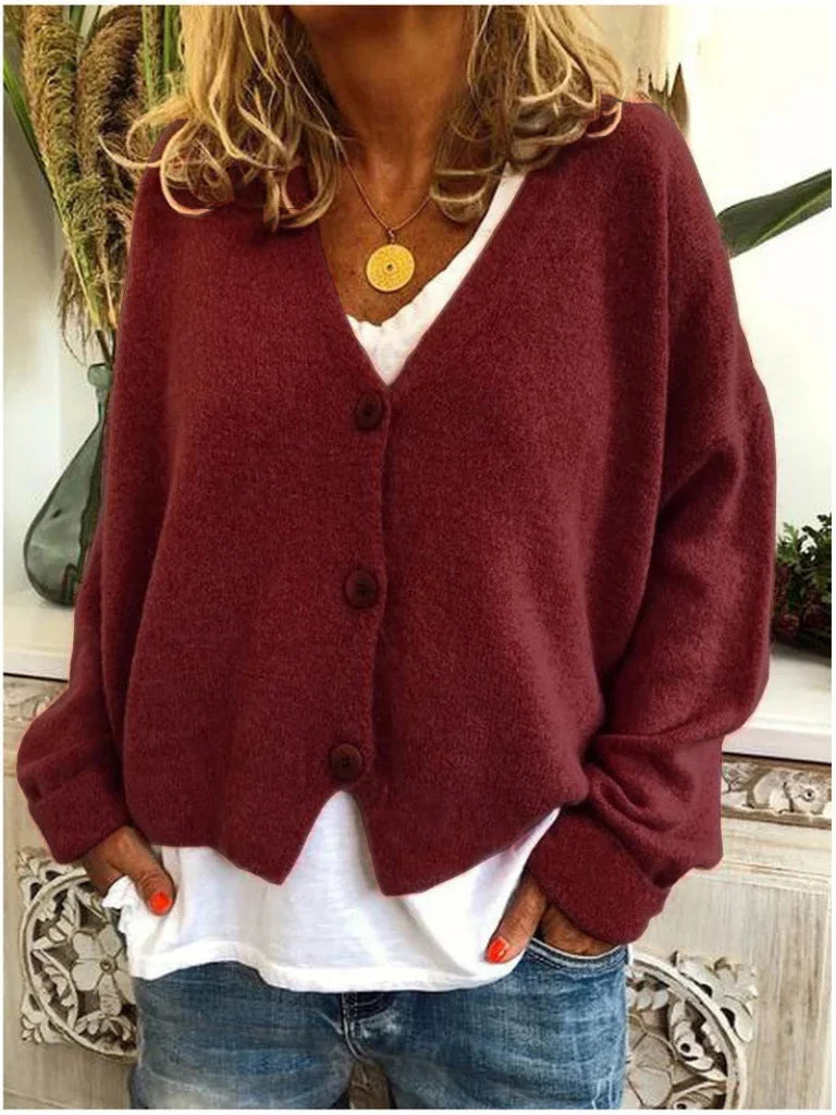Women's burgundy V-neck cardigan with button front