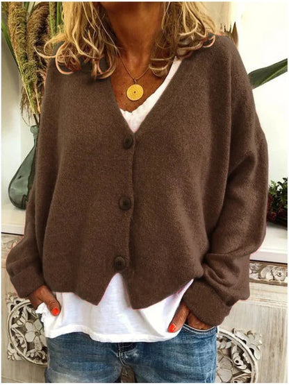Women's brown V-neck cardigan with button front