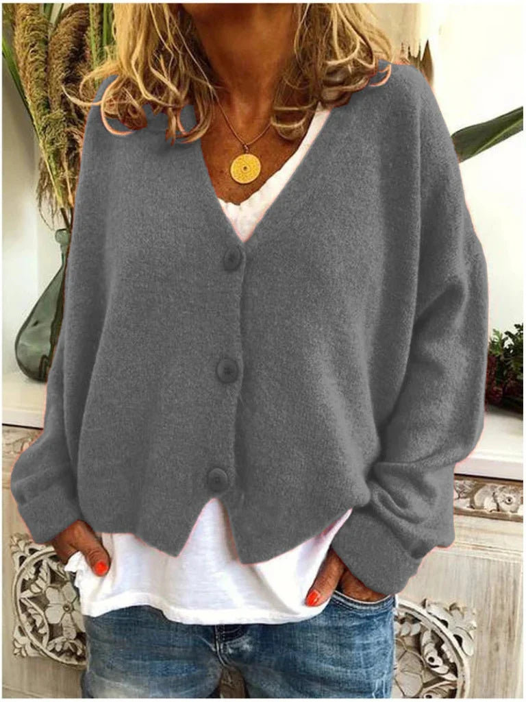 Women's gray V-neck cardigan with button front