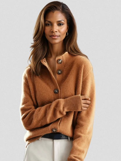 Women's caramel button front cardigan in soft knit