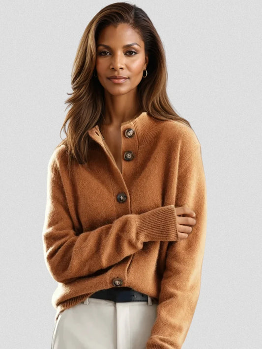 Women's caramel button up cardigan with collar