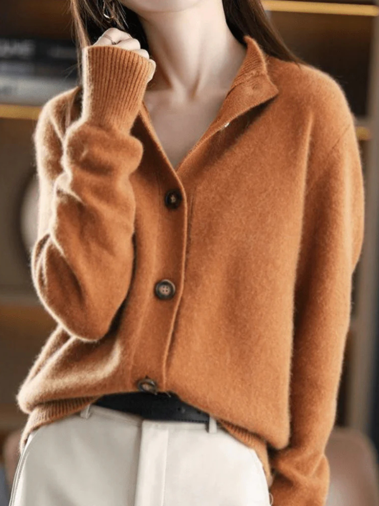 Women's caramel button front cardigan in soft knit