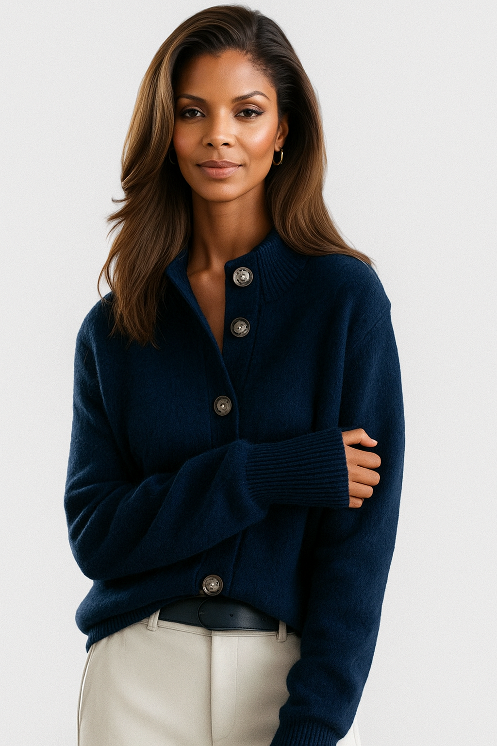 Women's blue button front cardigan in soft knit