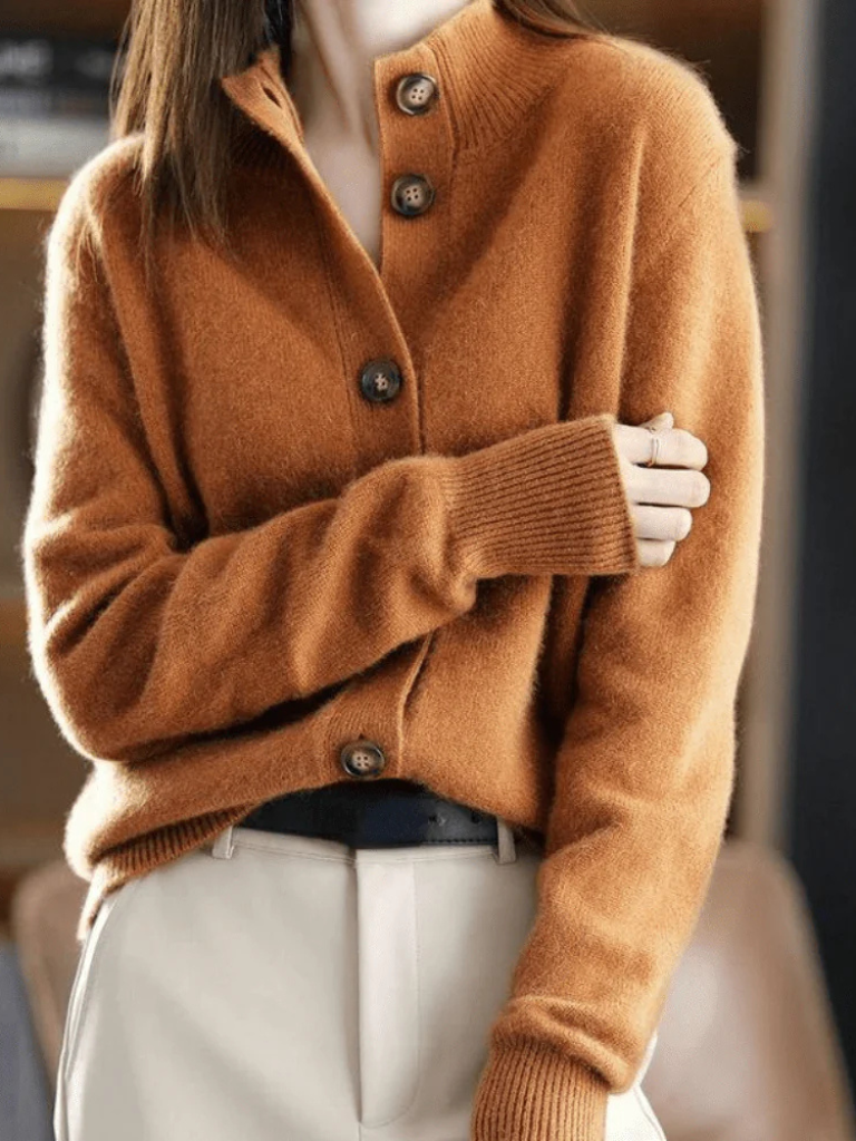Women's caramel button front cardigan in soft knit