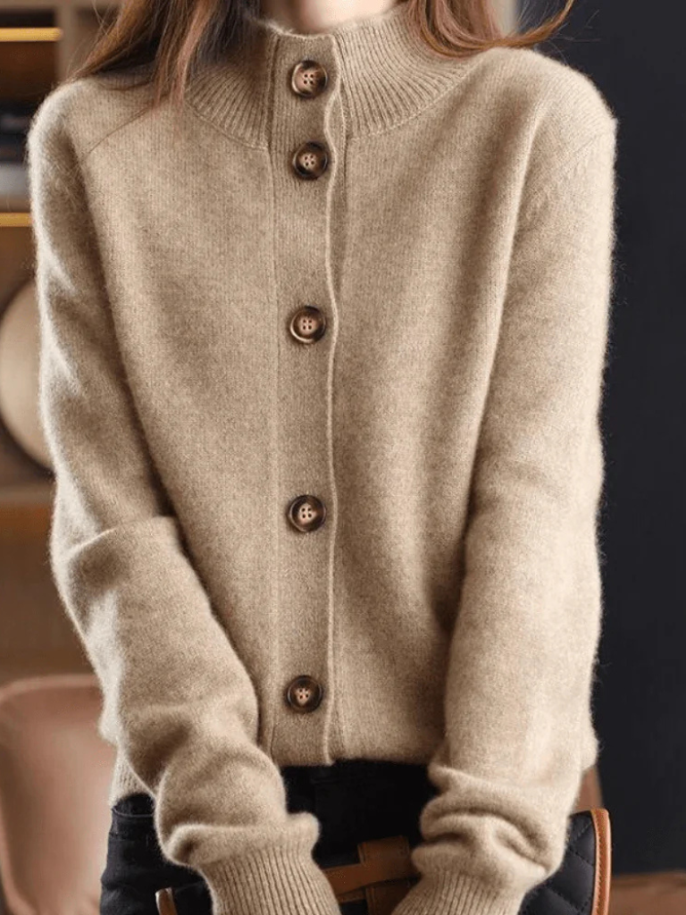 Women's caramel button front cardigan in soft knit
