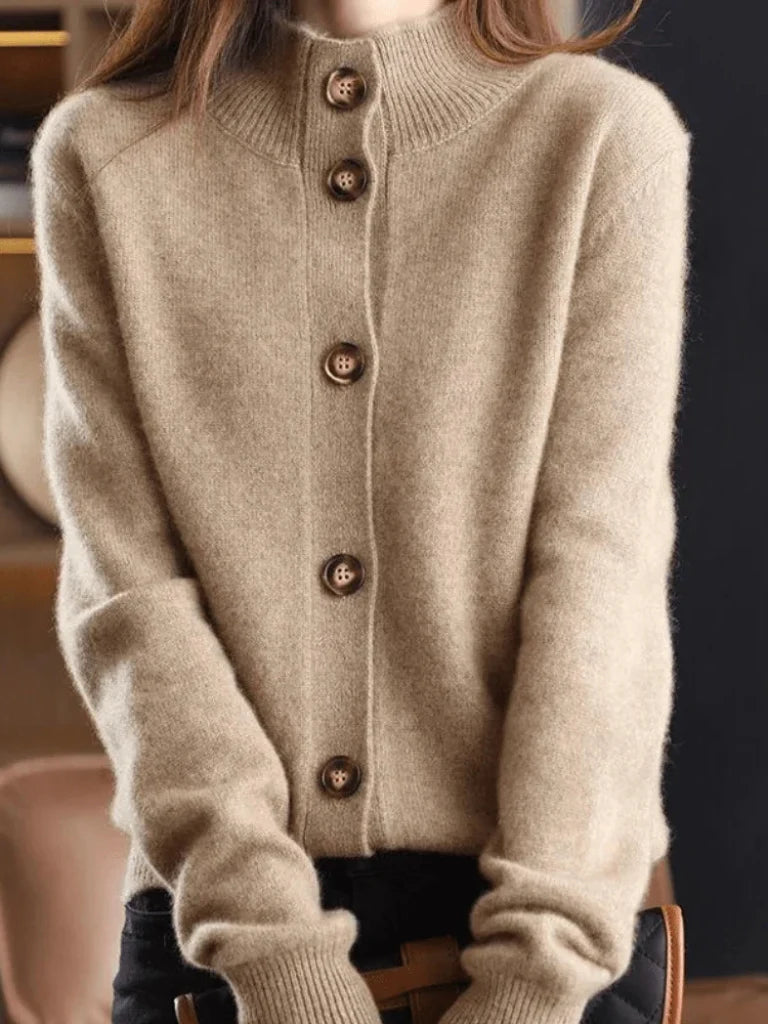 Women's beige button up cardigan with collar