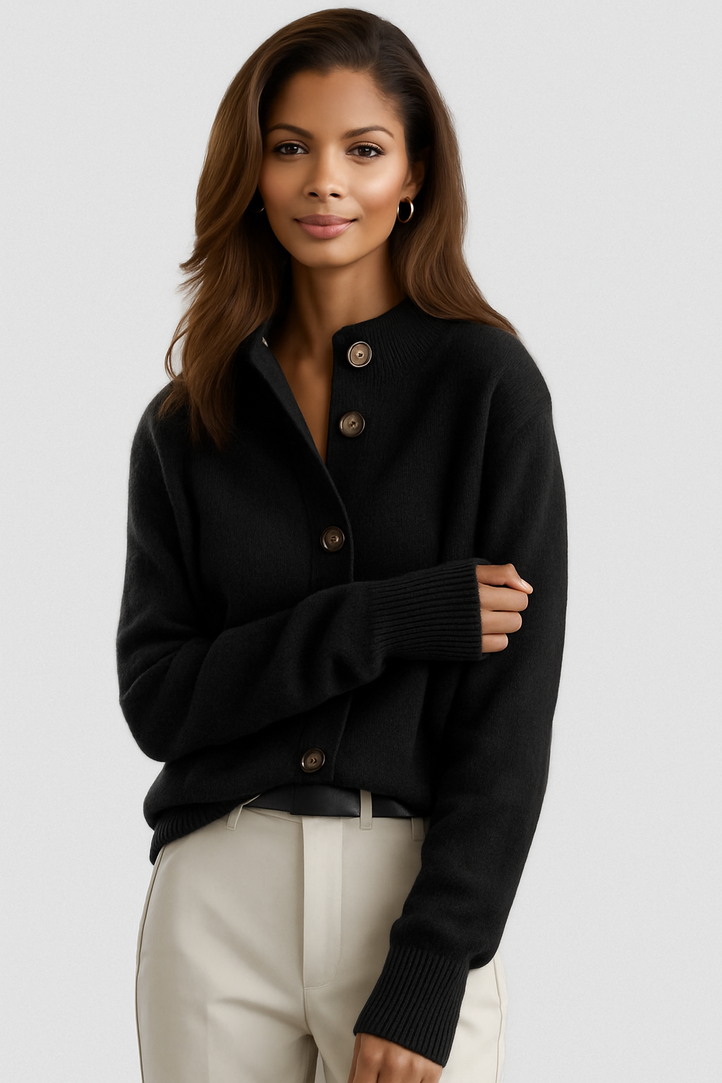 Women's cream button front cardigan in soft knit