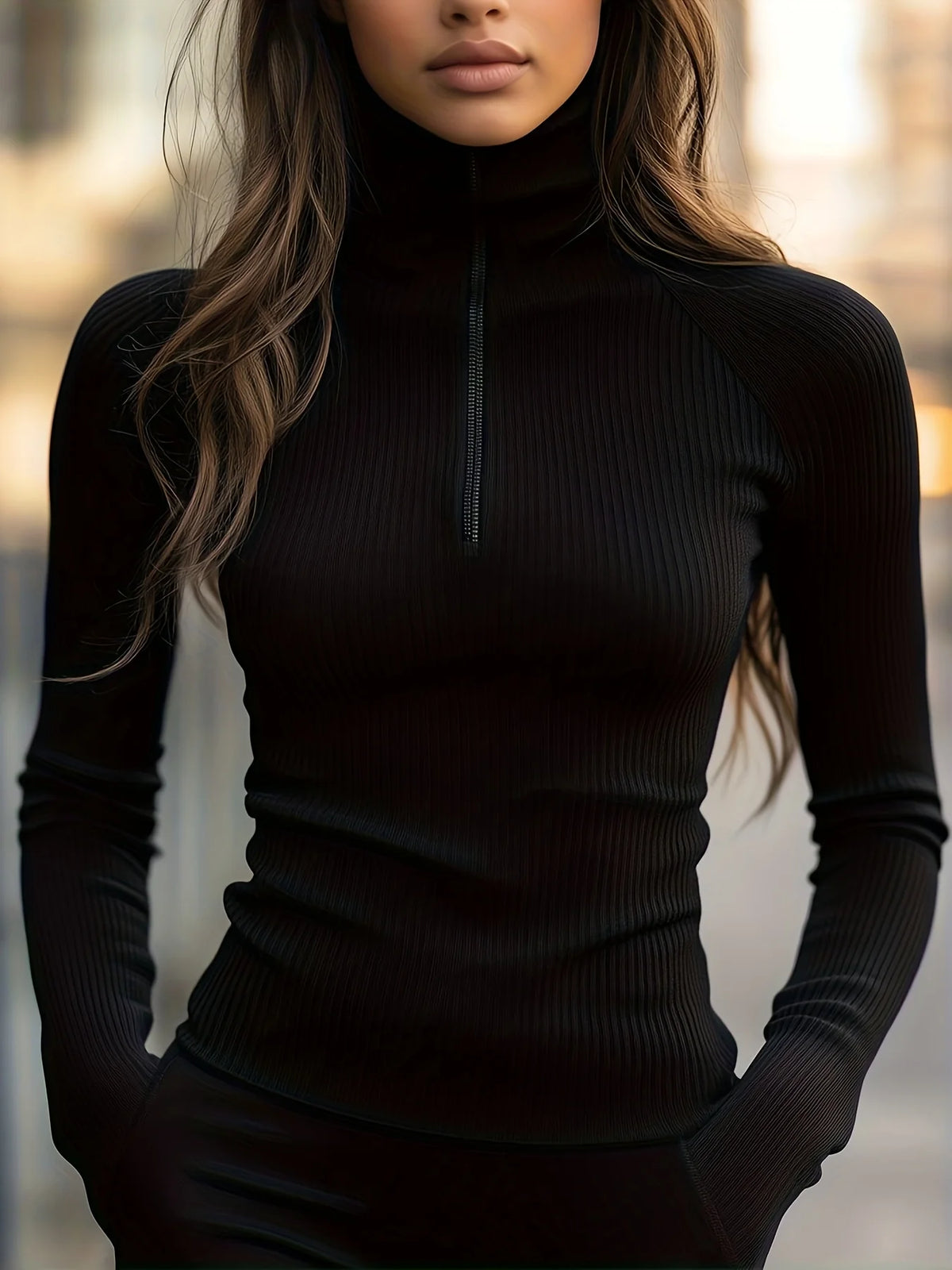 Women's Ribbed Half-Zip Top, High-Neck Knit Sweater
