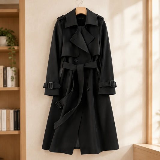 Women's black belted trench jacket with wide lapels