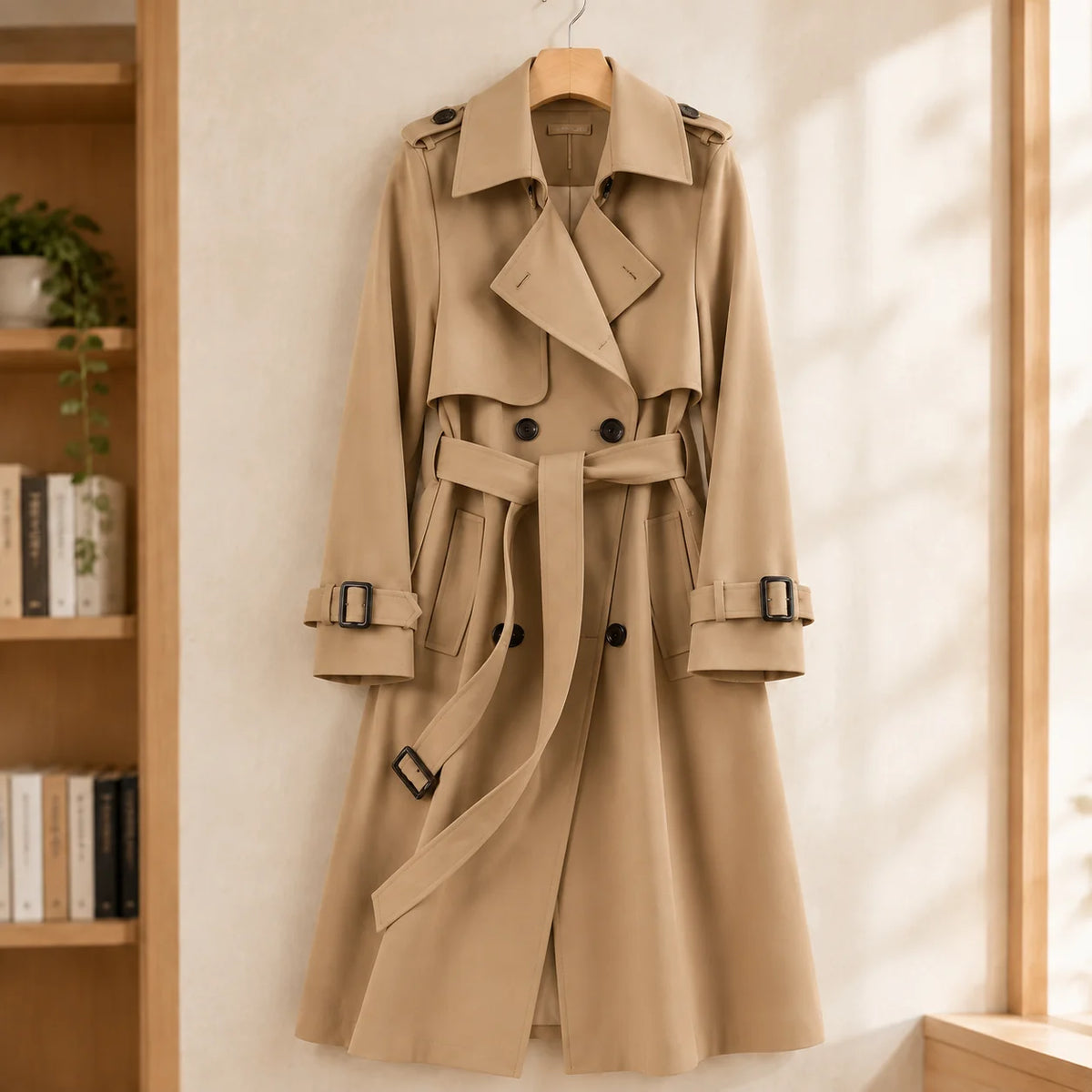 Women's red belted trench jacket, adjustable waist tie