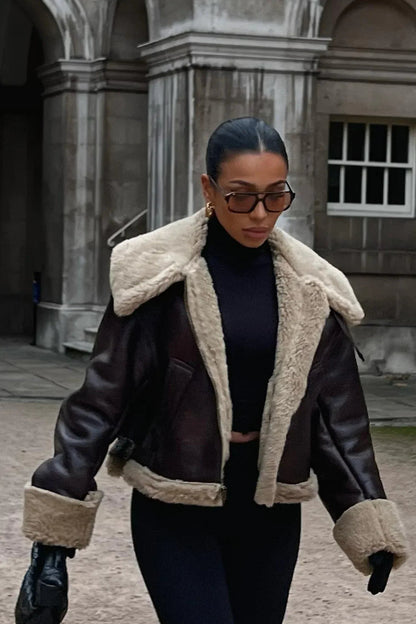 Reddish Brown Oversized Shearling Jacket with Buckle-Detail Collar