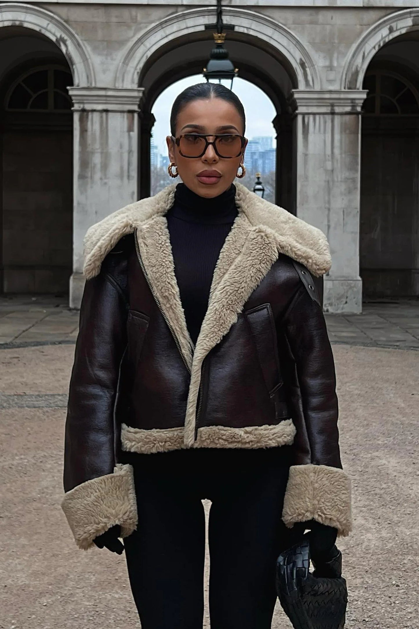 Oversized Shearling Jacket with Buckle-Detail Collar
