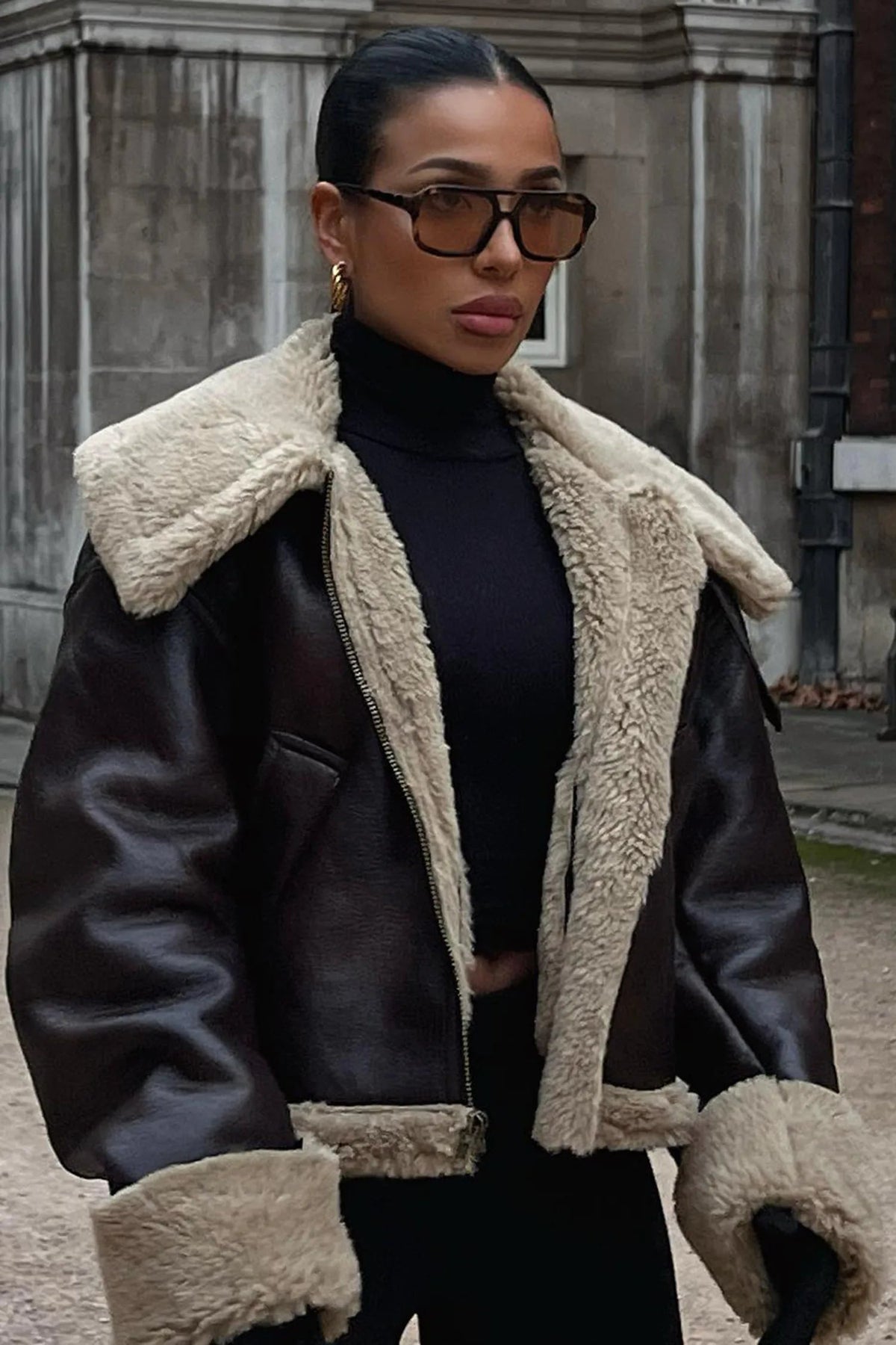 Oversized Shearling Jacket with Buckle-Detail Collar – view 2
