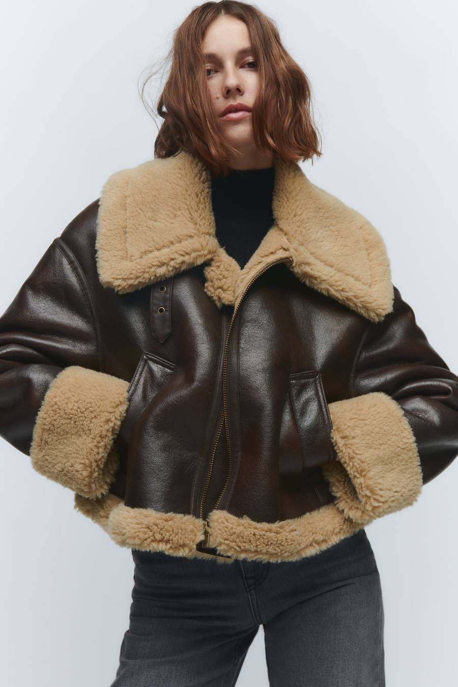 Oversized Shearling Jacket with Buckle-Detail Collar – view 3