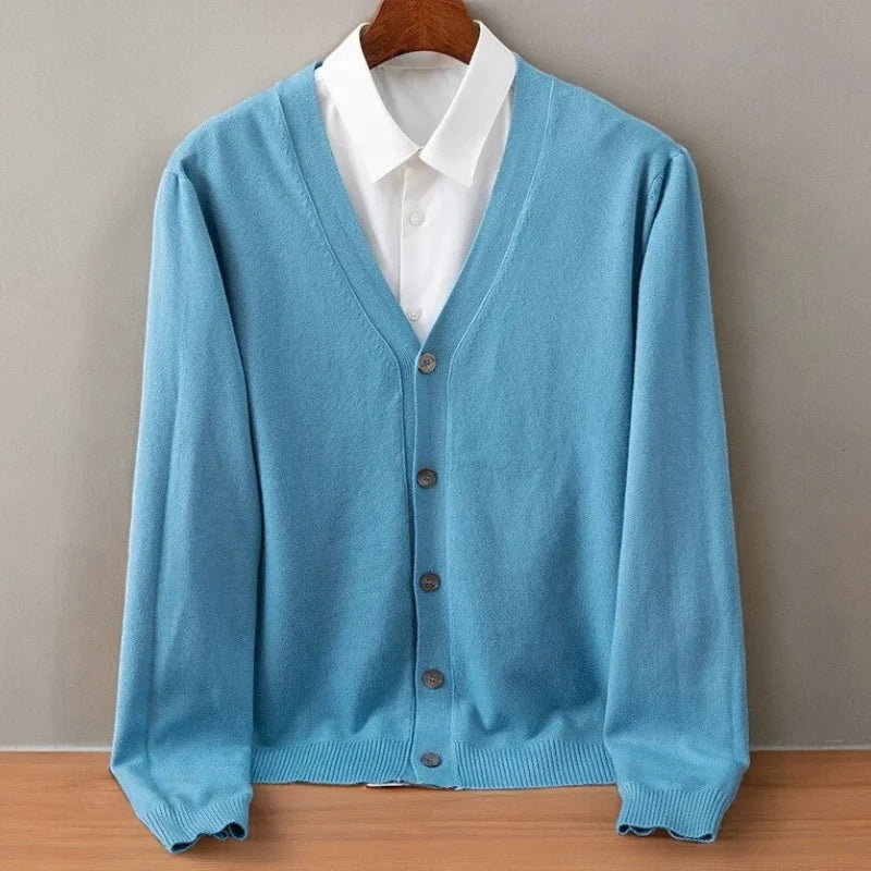 Men's sky blue cashmere cardigan, button-front V-neck style