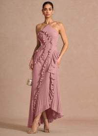 Sapphira | Ruffled Halter Open-Back Maxi Dress with Asymmetric Hem