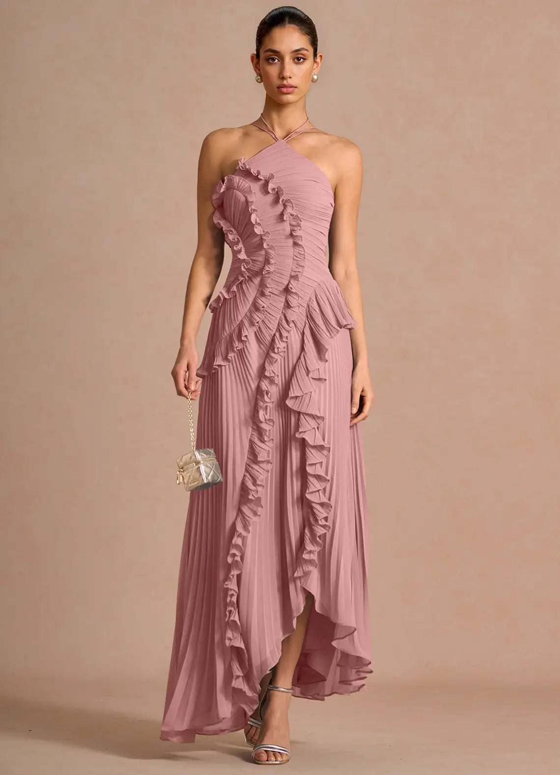 Ruffled Halter Open-Back Maxi Dress with Asymmetric Hem