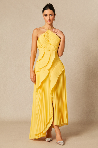 Yellow Ruffled Halter Open-Back Maxi Dress with Asymmetric Hem