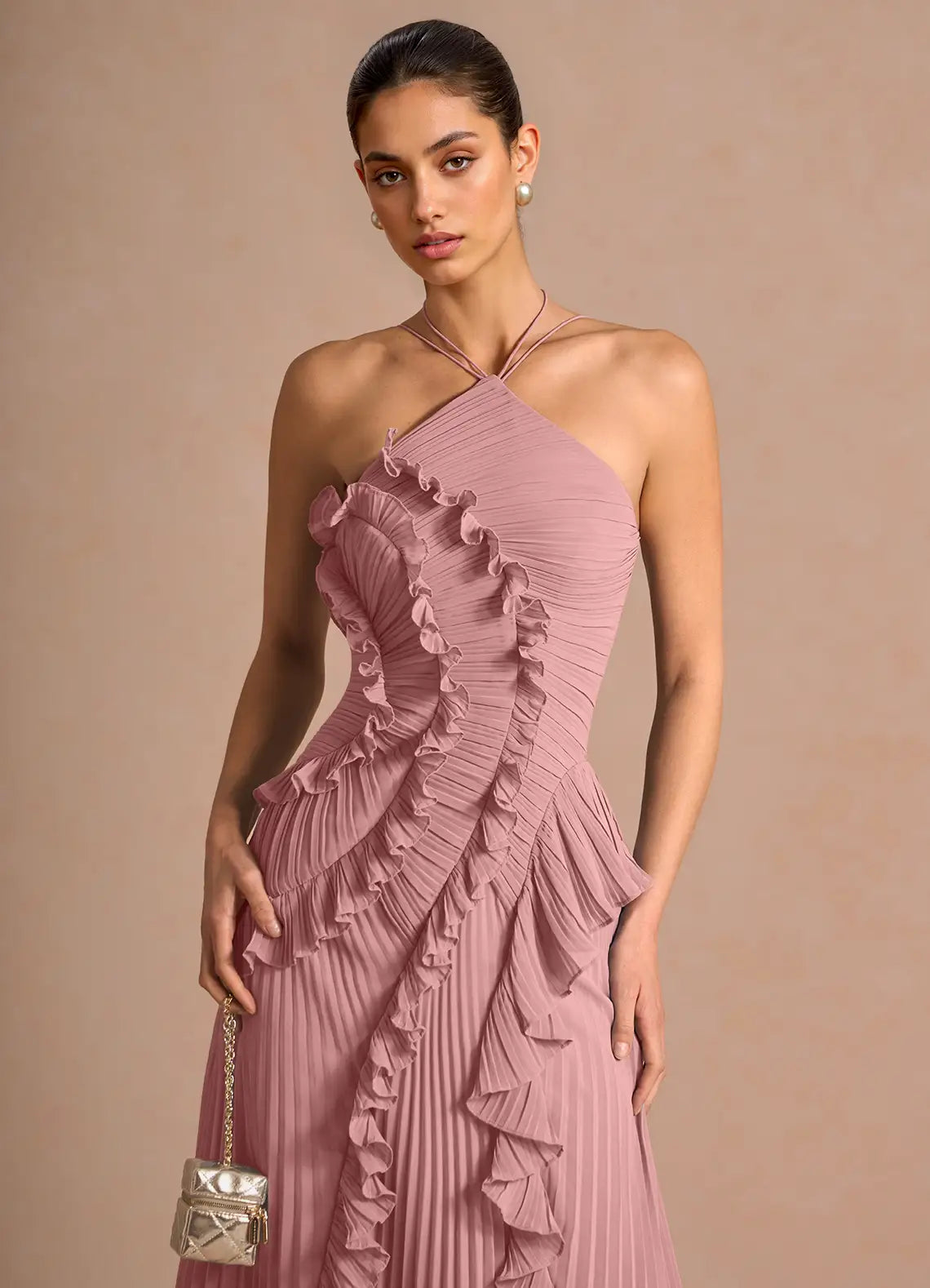 Ruffled Halter Open-Back Maxi Dress with Asymmetric Hem – view 2