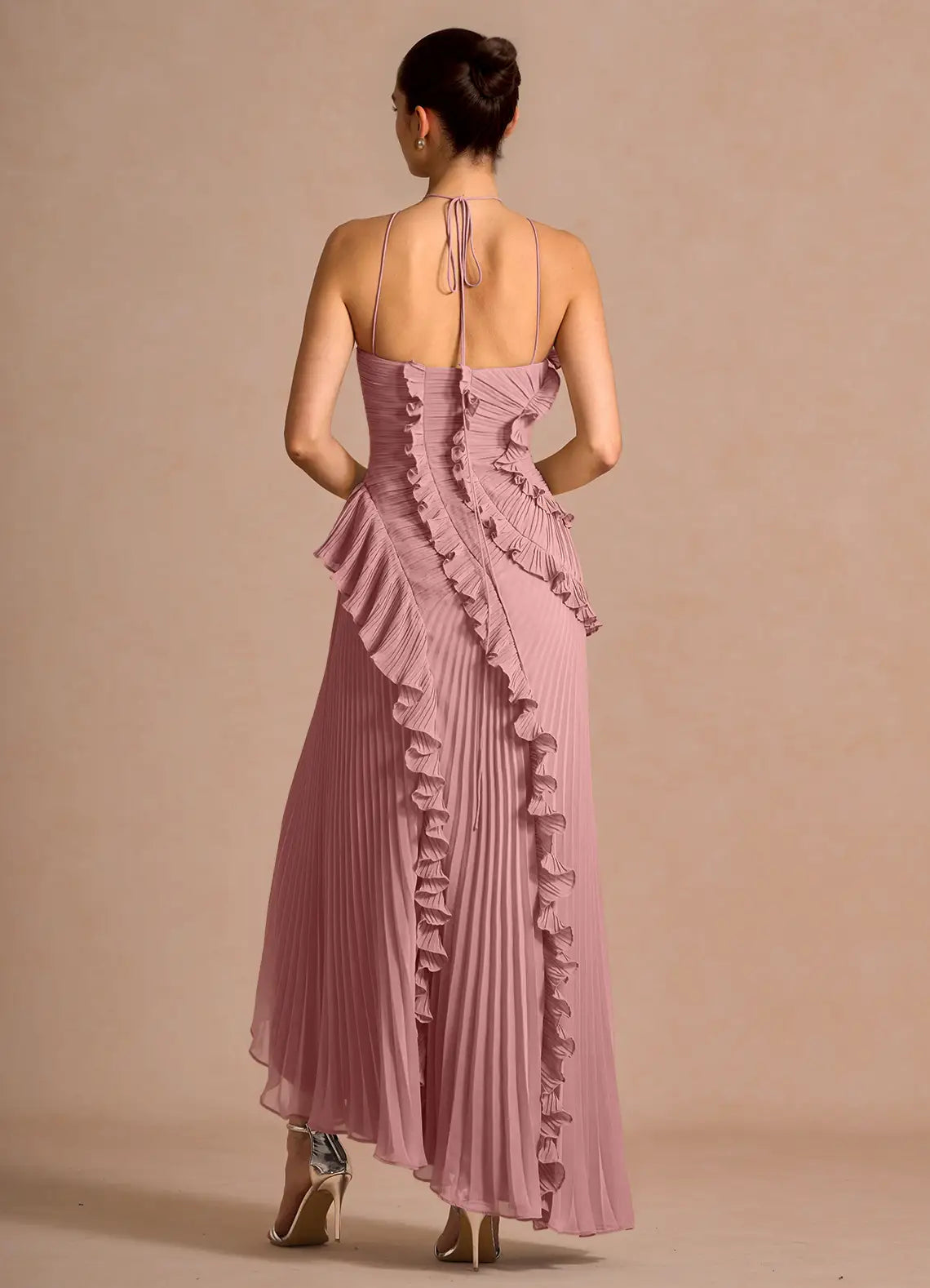Ruffled Halter Open-Back Maxi Dress with Asymmetric Hem – view 3