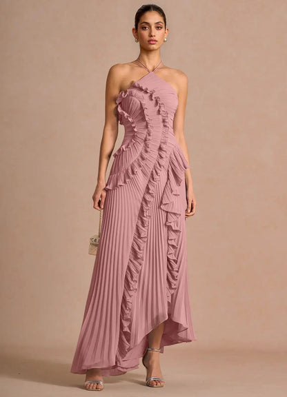 Ruffled Halter Open-Back Maxi Dress with Asymmetric Hem – view 4