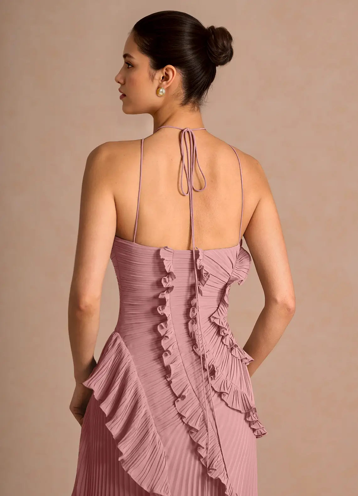 Ruffled Halter Open-Back Maxi Dress with Asymmetric Hem – view 5