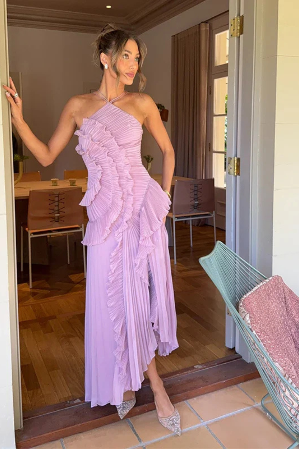 Ruffled Halter Open-Back Maxi Dress with Asymmetric Hem – view 6